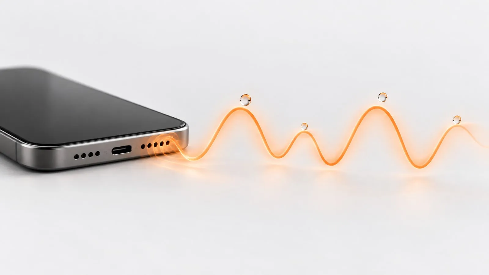 A single smooth orange sine wave flowing out of a phone speaker with tiny water droplets lifted on the wave crests.