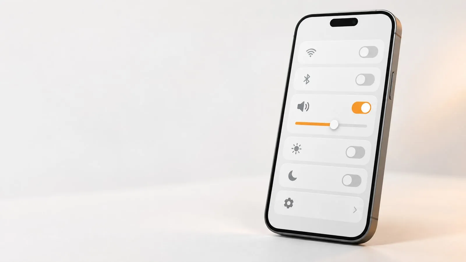 A phone screen showing a simple settings panel with toggles, where the speaker toggle and volume slider are highlighted in orange.